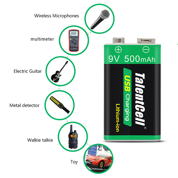 1 Paquet TalentCell Batterie Lithium-ION 9 V Haute capacité 500 mAh Rechargeable Li-ION polymère avec Port de Charge Micro USB 